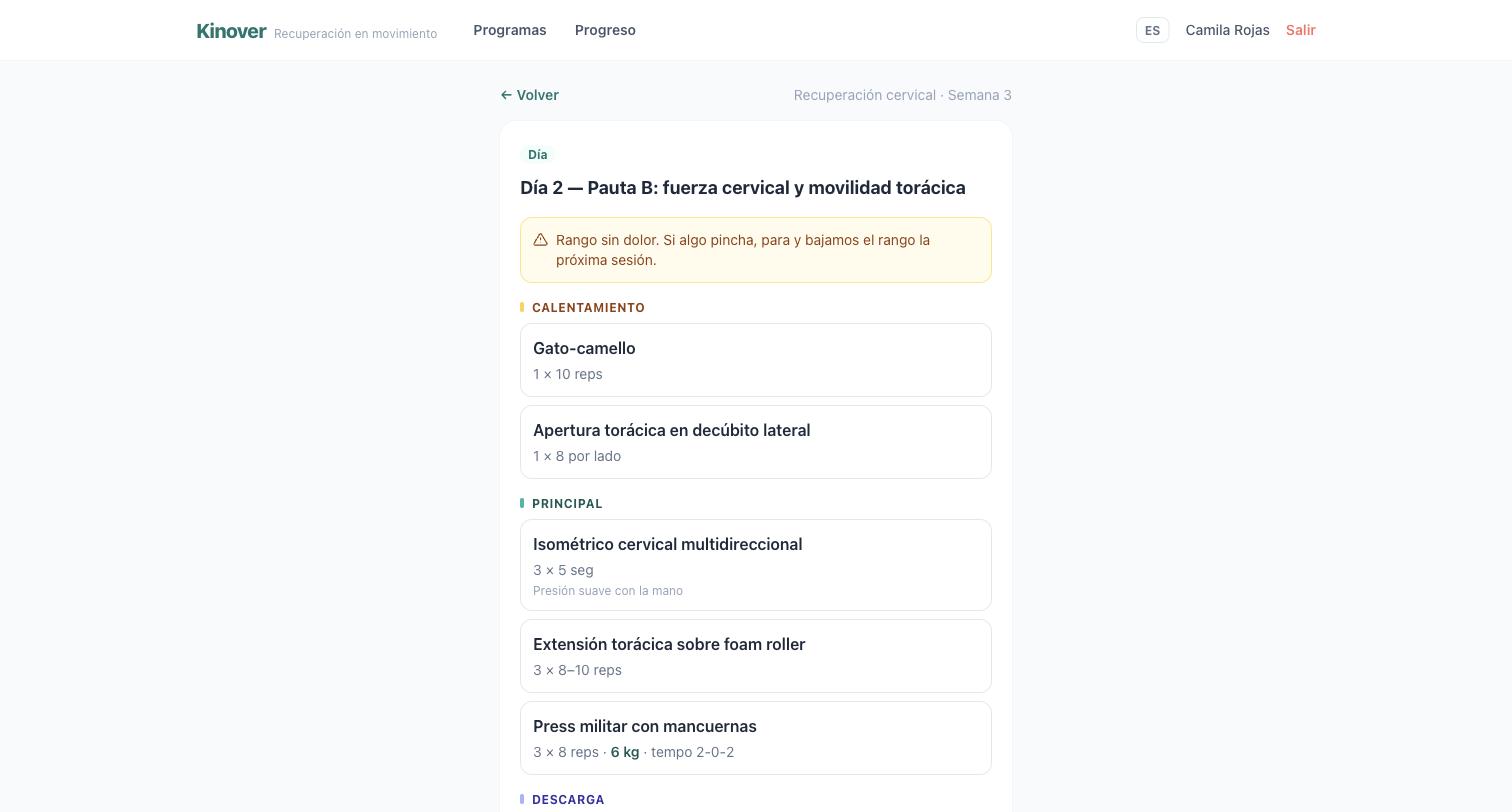 Sesión completa con nota de seguridad y ejercicios por bloque