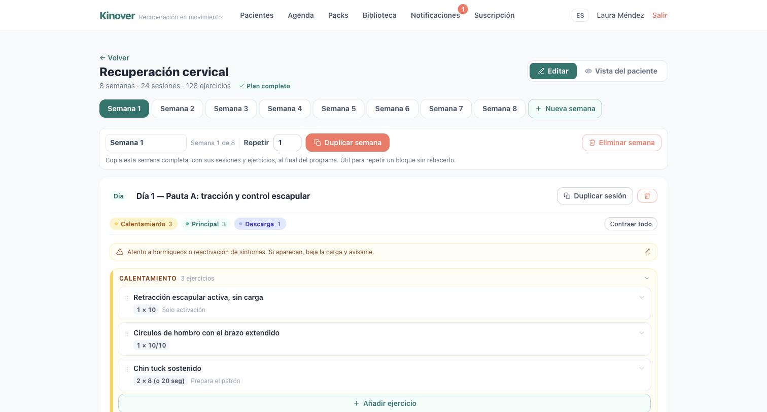 Constructor de programas: semanas, sesión Día 1 con bloques de calentamiento, principal y descarga