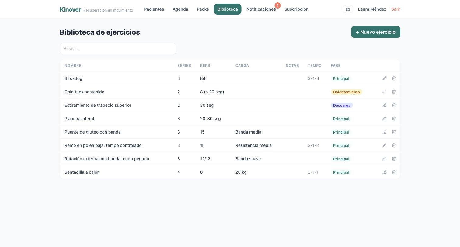 Biblioteca de ejercicios con series, reps, carga, tempo y fase