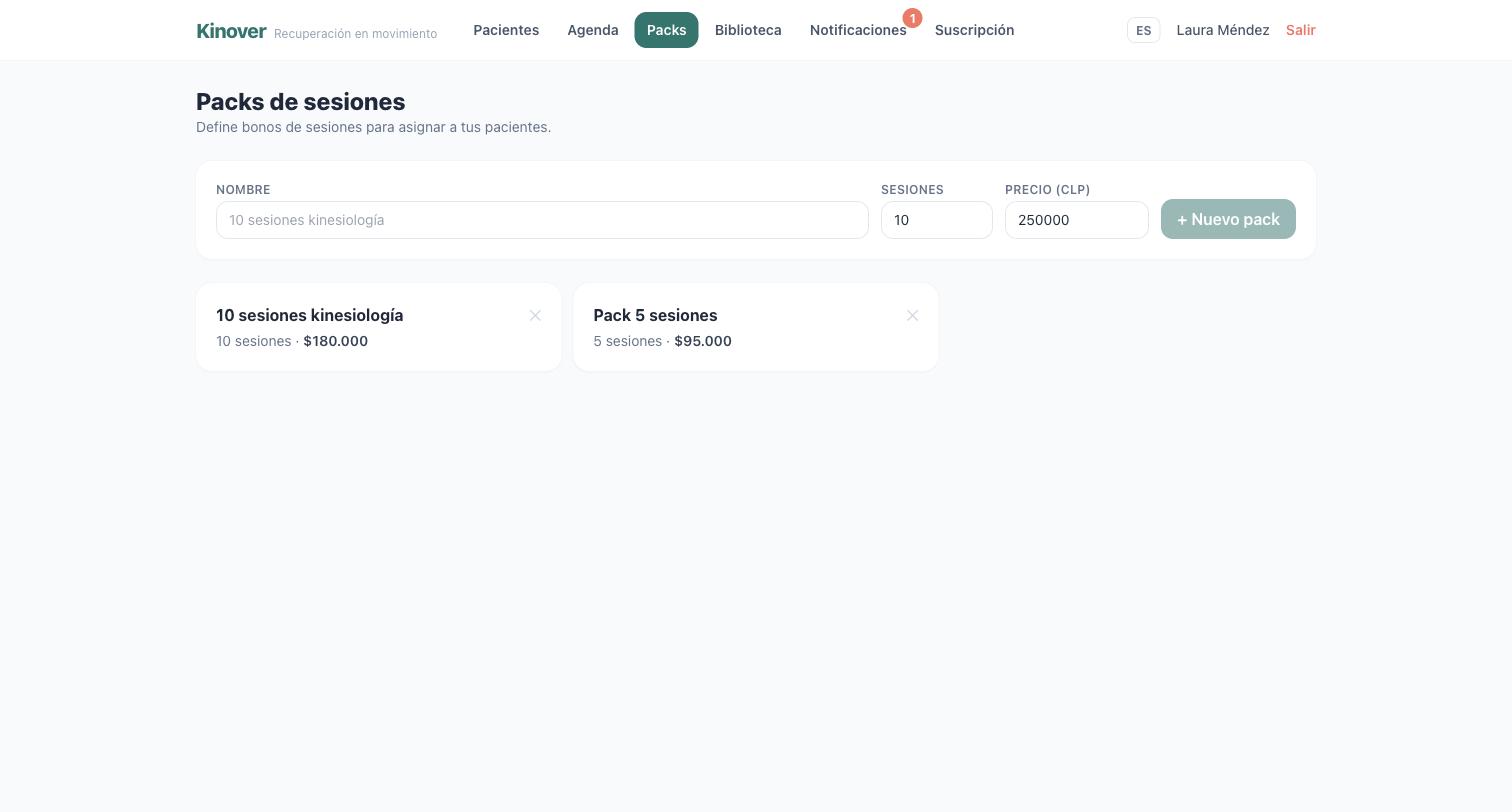 Packs de sesiones con nombre, número de sesiones y precio en pesos